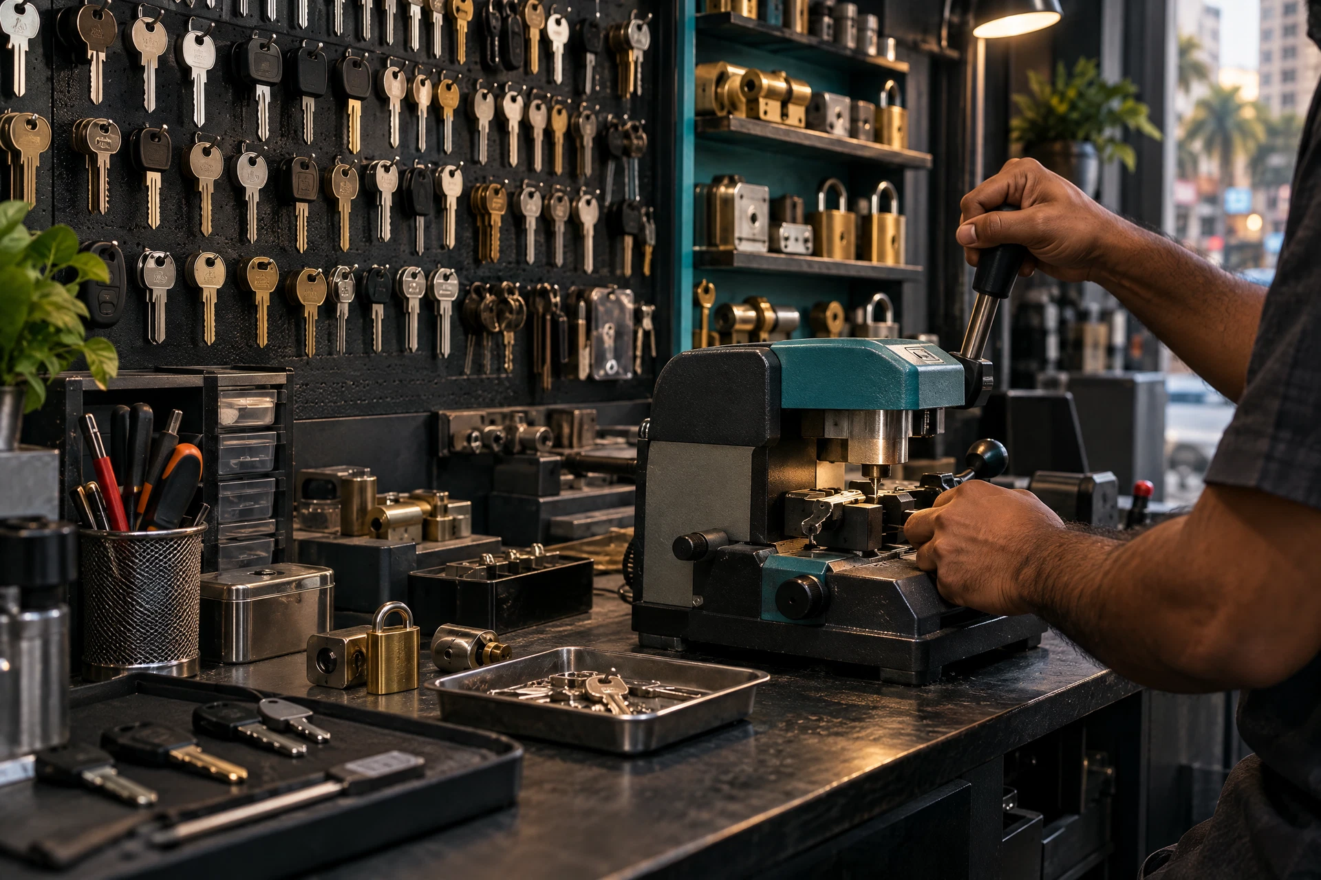 Professional Indian locksmith working with key-cutting equipment and organized key blanks