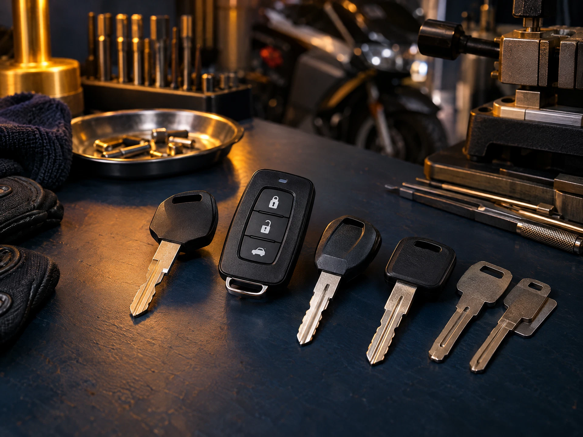 Motorcycle and scooter keys arranged on a workshop surface