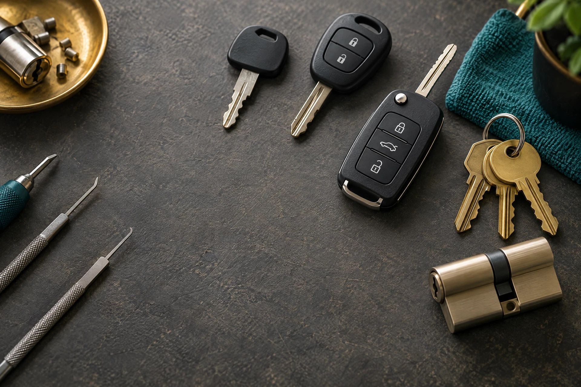 Car key and smart key on a locksmith workbench