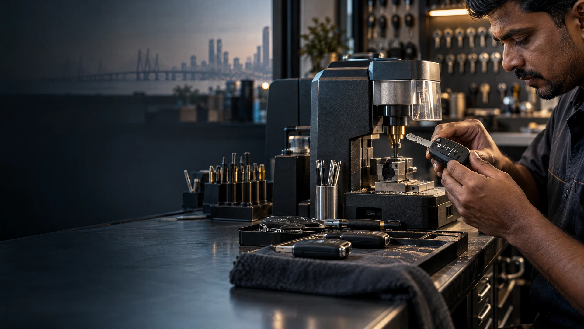 Locksmith hands working with a car key on a professional key-making bench