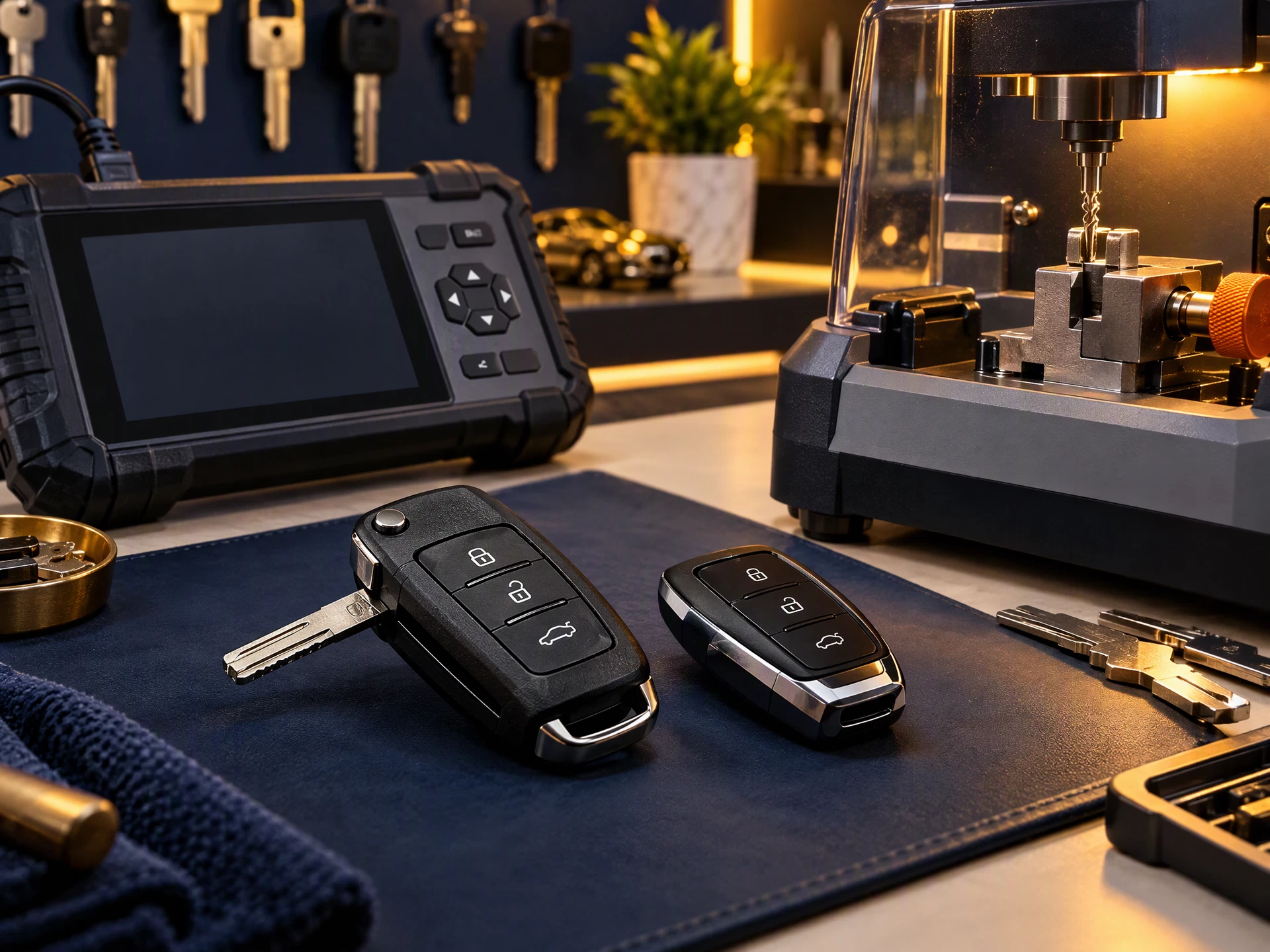 Smart flip and sensor car key beside a key programmer